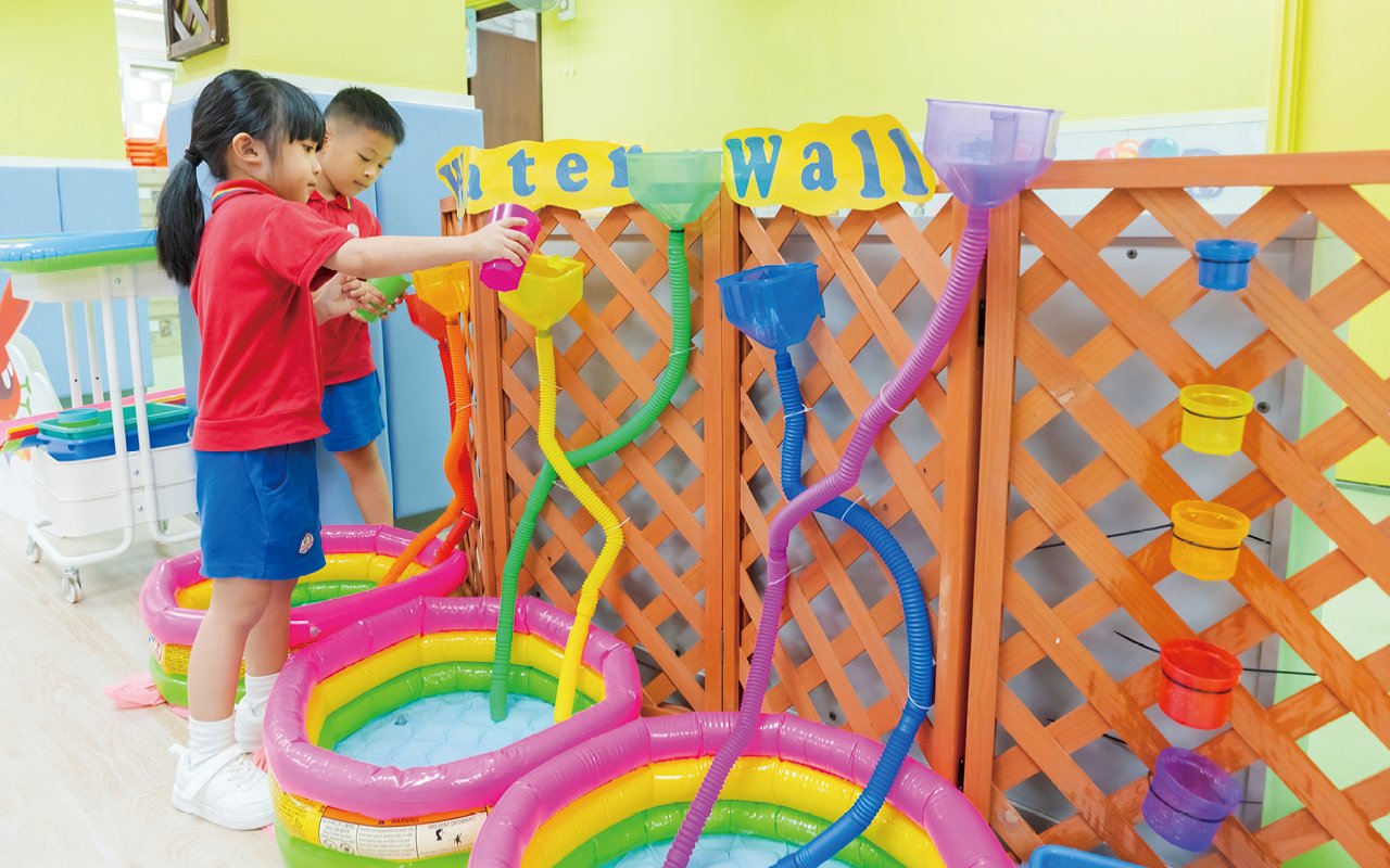 "Water play area" allows children to use different tools to build water pipes